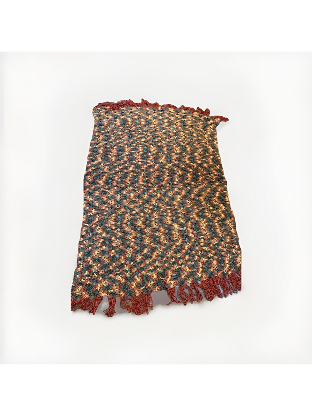 Vintage Knit Throw Afghan Blanket  Fall Colors Tassel Trim, country, boho